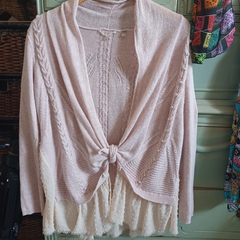 Anthropologie Pale Pink Knit Tie-Front Cardigan - Picture 6 of 13